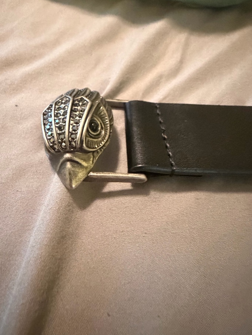 Kurt Geiger Black Leather Belt with Silver Owl Buckle